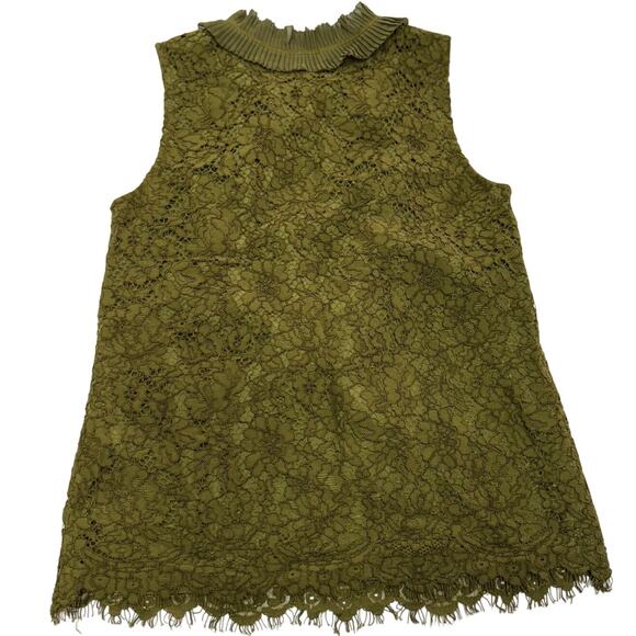J.Crew Top Womens Petite X Small Green Lace Ruffle Neck Blouse - Picture 3 of 8